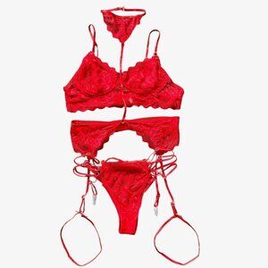 New Sexy Lace Lingerie 3 Piece Bra Panties Garter Belt Choker Set in Red